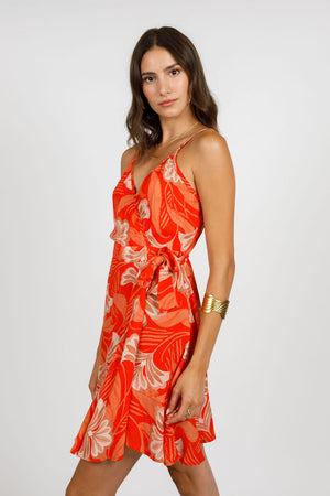 Alamea Orange Floral Wrap Mini Dress