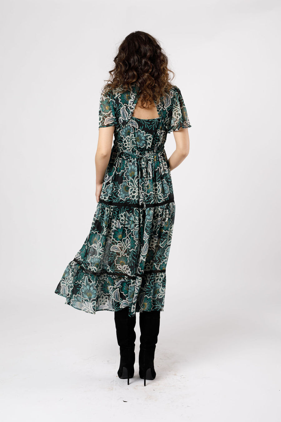 Chelo Emerald Floral Tiered Midi Dress