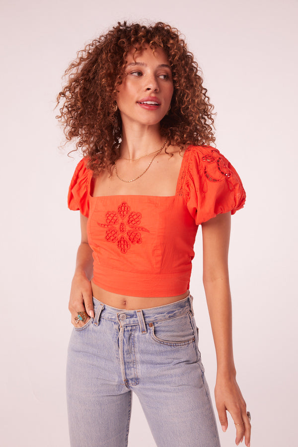 Entrada Orange Embroidered Puff Sleeve Top