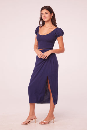 Joan Navy Linen Gathered Midi Skirt