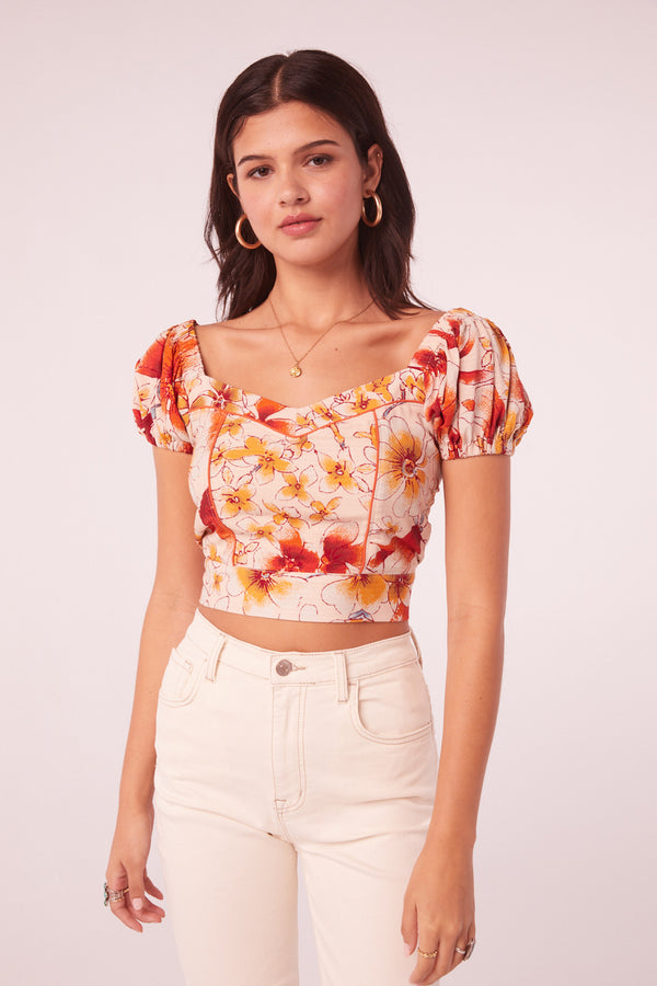 Vision Clay Floral Puff Sleeve Crop Top