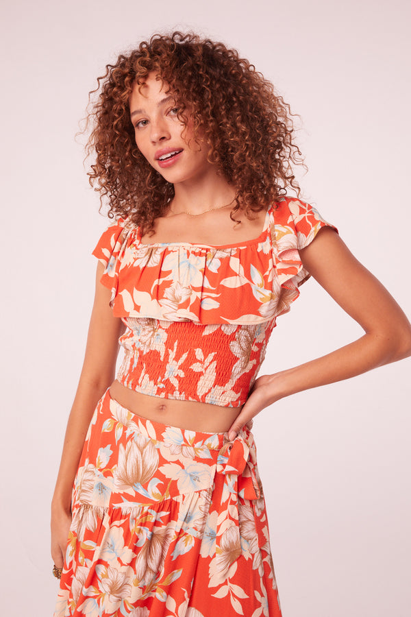 Volantes Orange Floral Ruffle Crop Top