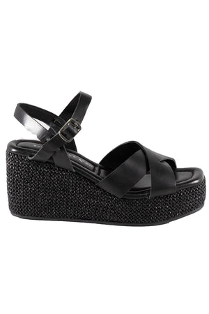 Antares Black Leather Wedge Strappy Sandal