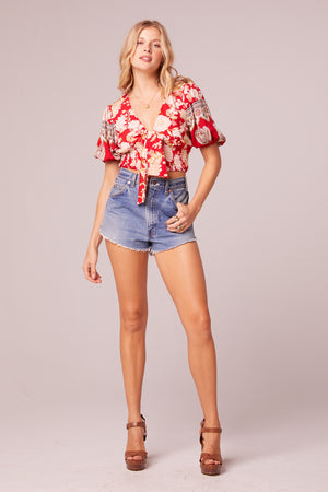 Beautiful Noise Red Floral Tie Top