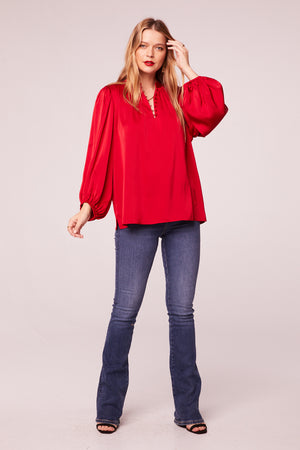 Beth Red Satin Long Sleeve Top