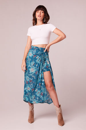 Celene Teal Floral Layered Midi Skirt