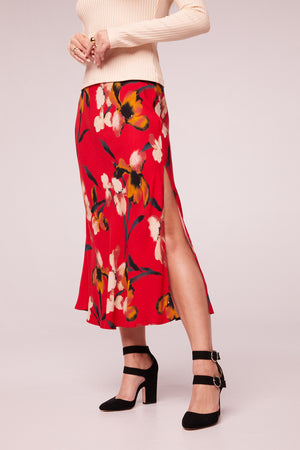 Heart Beat Red Floral Midi Skirt