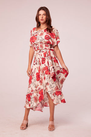 Kavi Hot Coral Floral Puff Sleeve Top