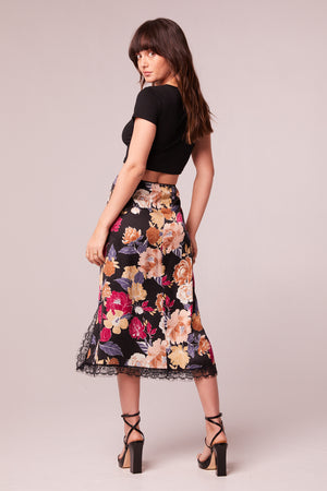 Lilou Black Floral Lace Slip Midi Skirt
