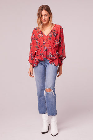 Mendocino Red Floral Batwing Sleeve Top Detail