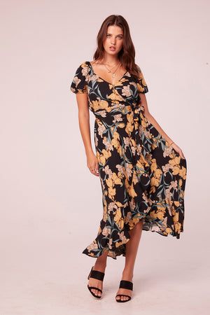 Natessa Black Floral Wrap Maxi Dress