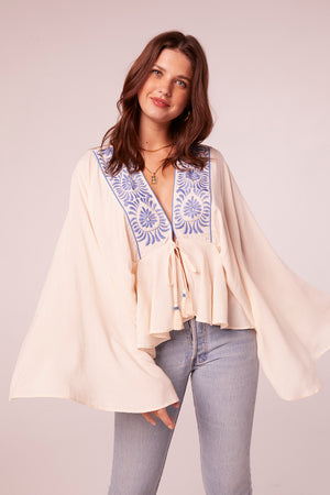 Reva Ecru and Blue Embroidered Batwing Top