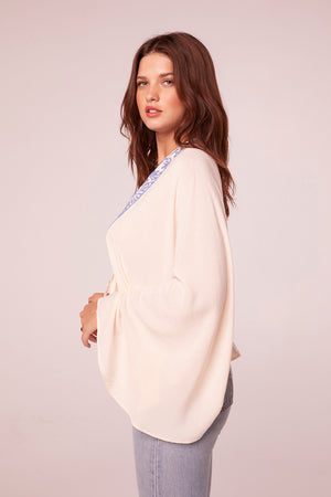 Reva Ecru and Blue Embroidered Batwing Top