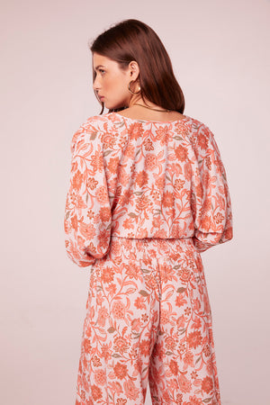 Saroja Salmon Floral Border Print Top
