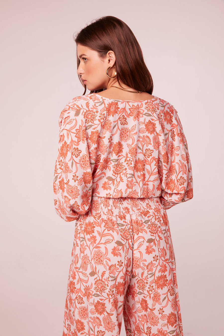 Saroja Salmon Floral Border Print Top