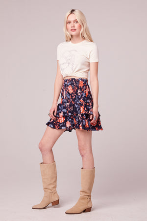 Sori Navy Floral Smocked Mini Skirt Front